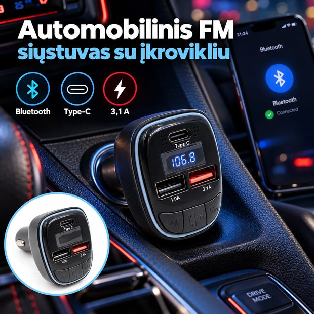 Automobilinis Bluetooth FM siųstuvas su įkrovikliu TR2477