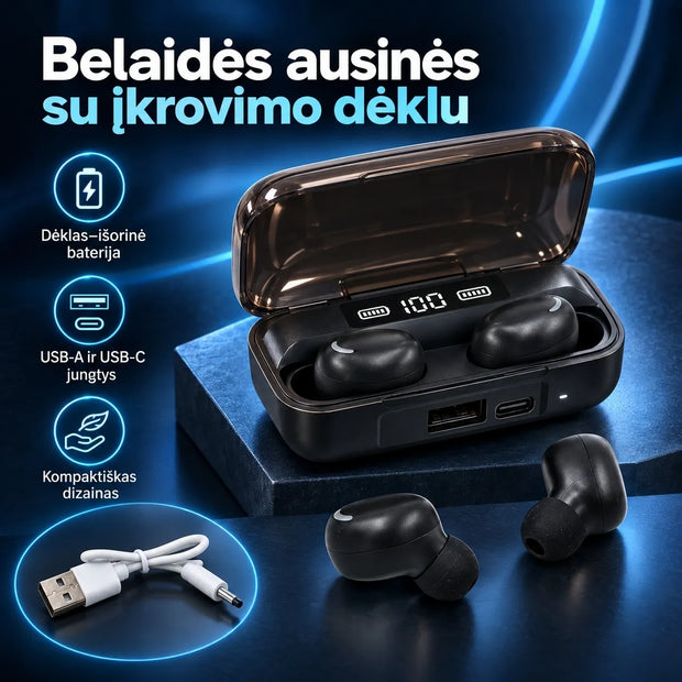 Belaidės Bluetooth ausinės su įkrovimo dėklu TR2474A