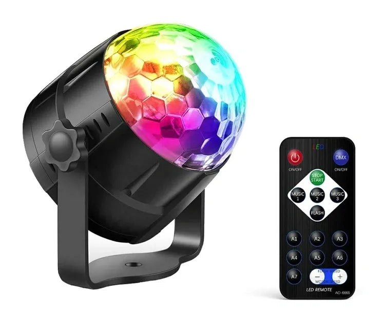 Diskotekų LED RGB šviesos efektų lempa su pulteliu