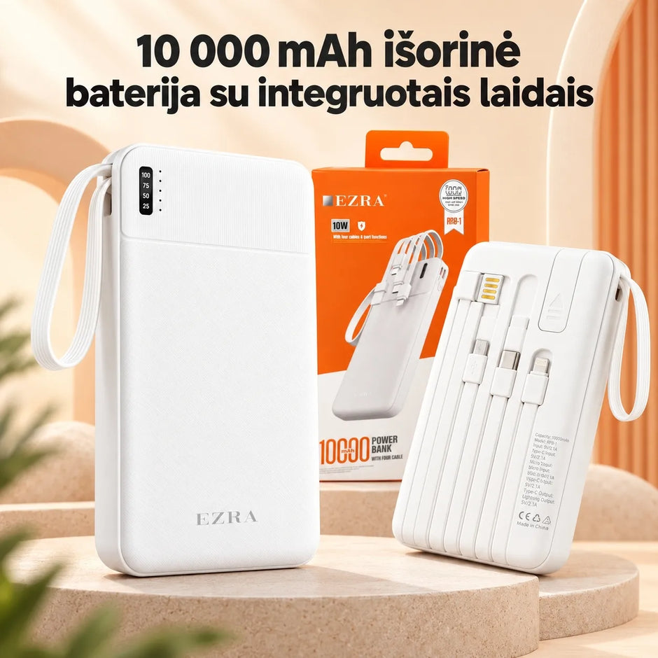 Išorinė baterija su integruotais laidais EZRA PB147-1 10 000 mAh