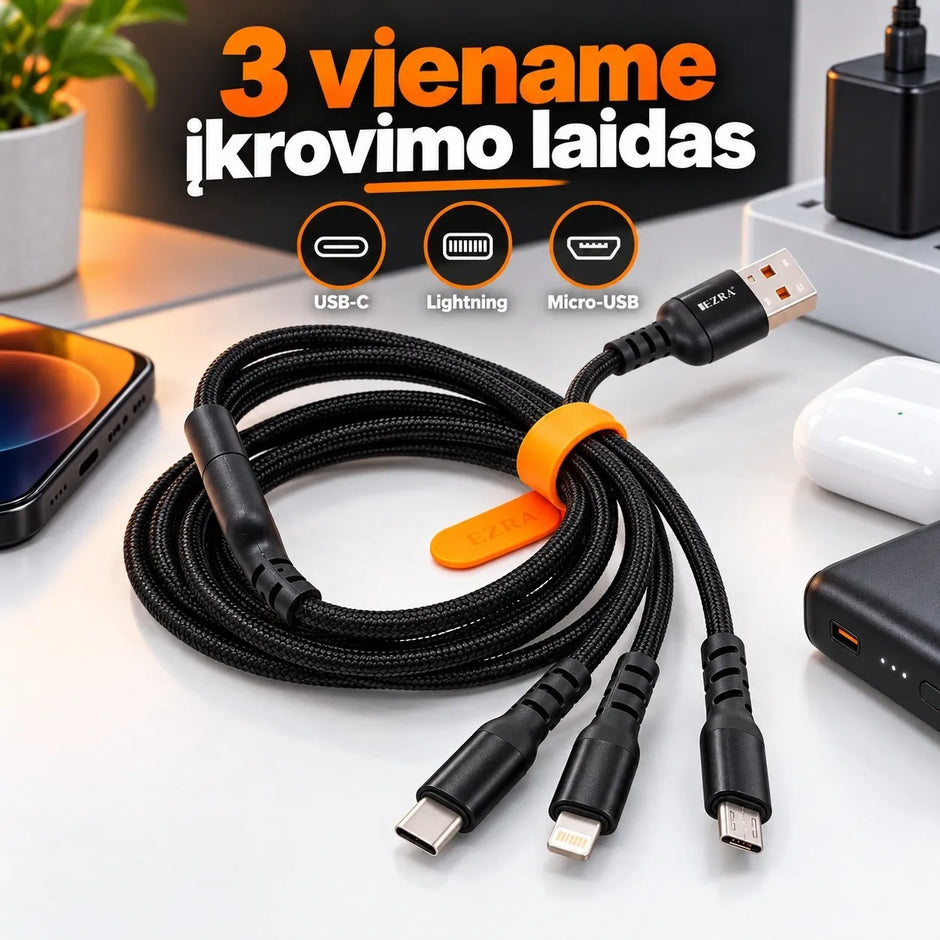 Universalus 3 viename įkrovimo laidas EZRA DC302 15 W
